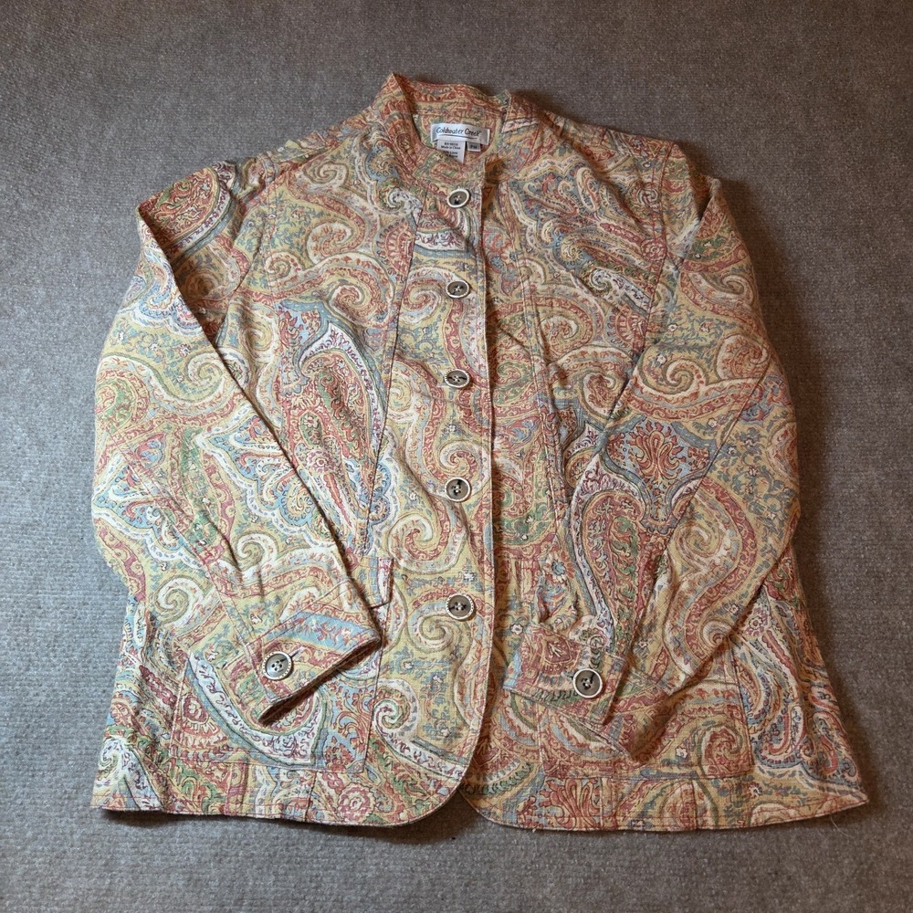Coldwater Creek Paisley Linen Blend Jacket Petite Medium PM Mandarin Collar Red